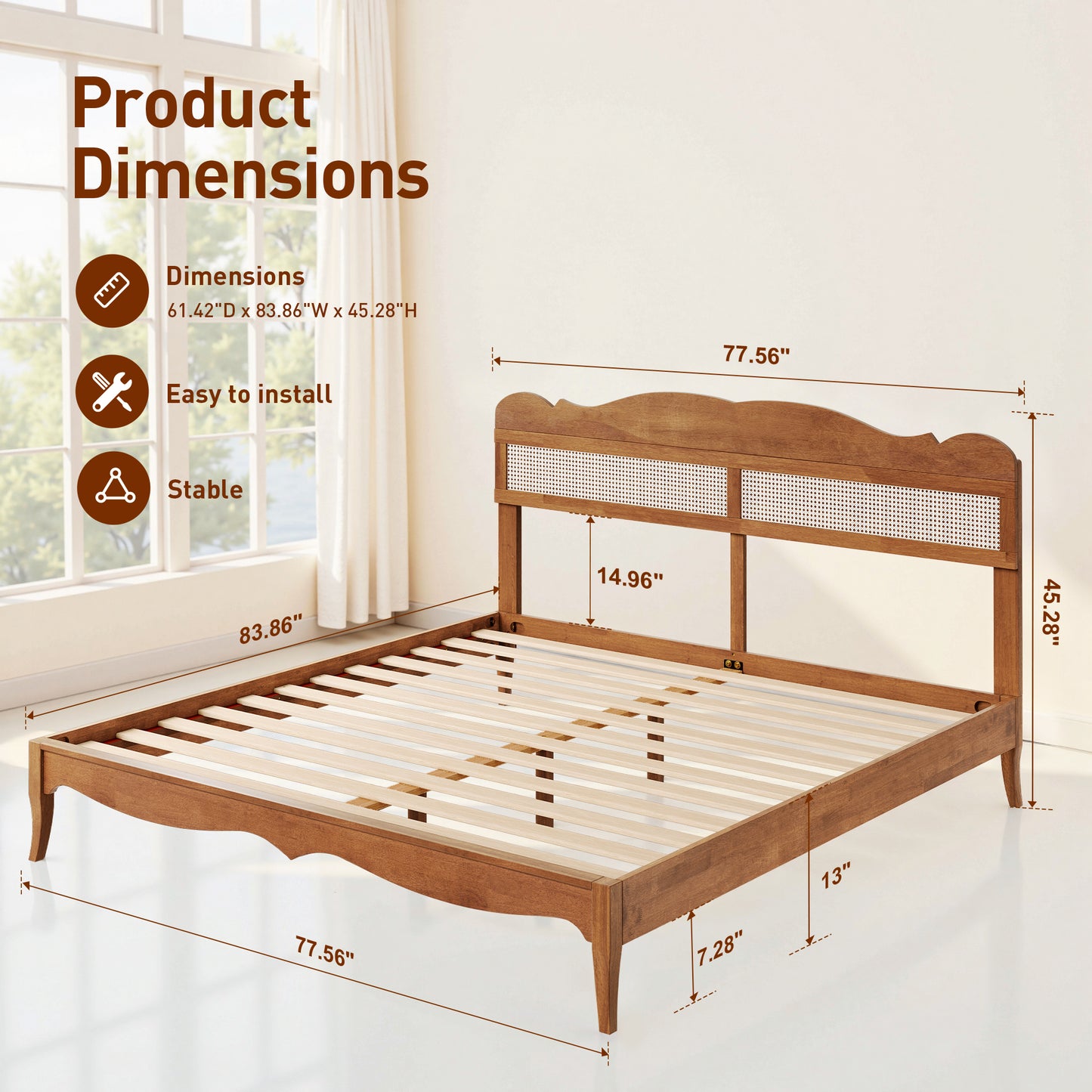 Captiva Designs Premium Wood Bed Frame with Woven Rattan Headboard and Reinforced Slats Support