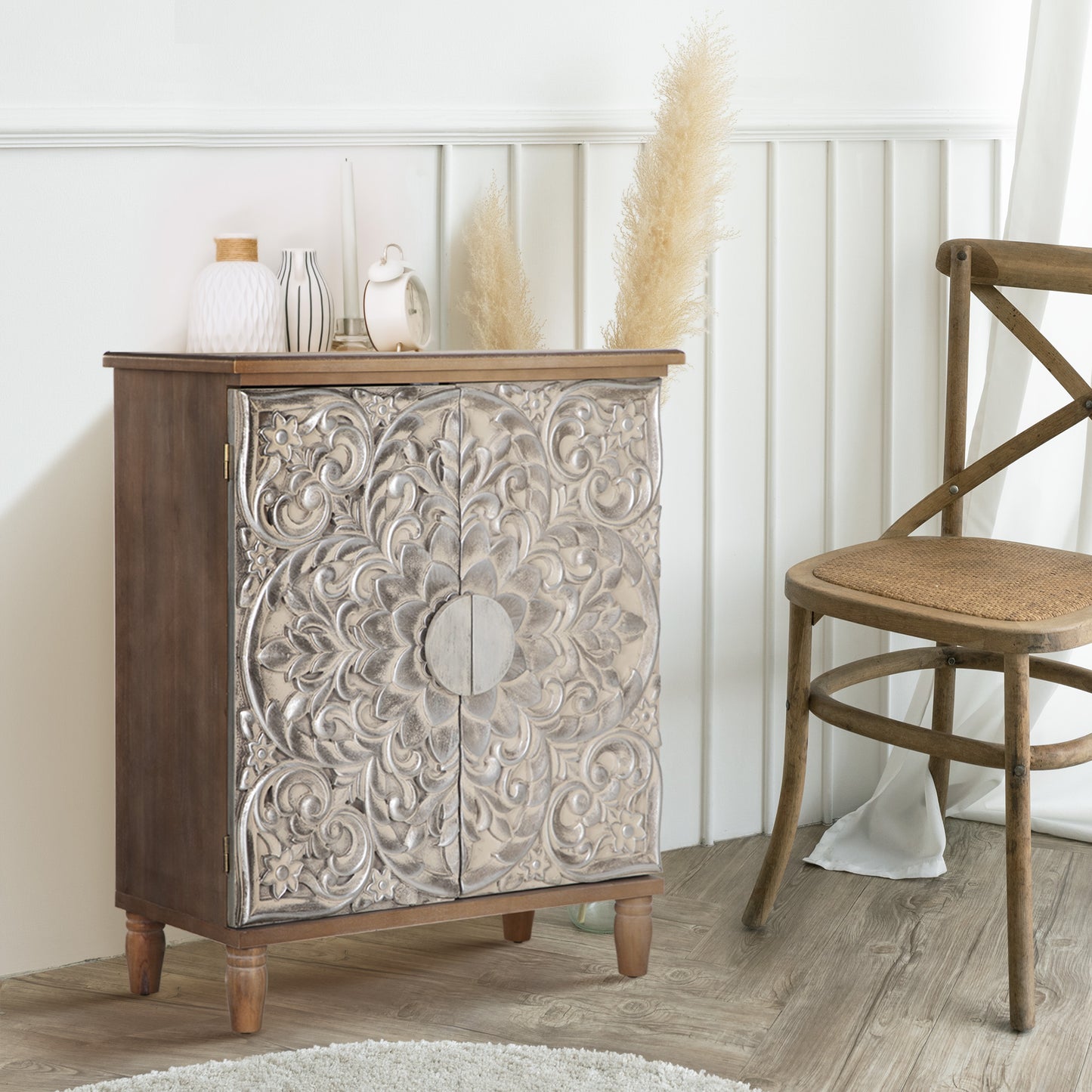 Captiva Designs Antique Silver Carved Floral Buffet Cabinet with Doors for Living Room, Entryway