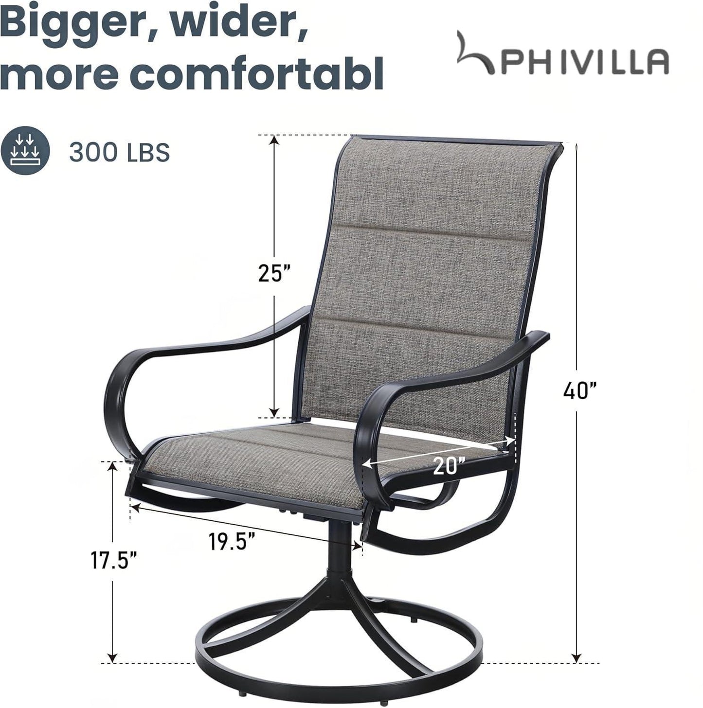 PHIVILLA Outdoor Swivel Patio Dining Chairs Set of 2, All Weather Patio Chair with Padded Textilene & Metal Frame for Outdoor Poolside Lawn Garden, Brown