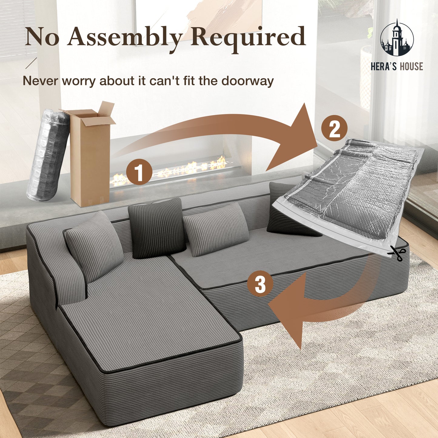 HERA'S HOUSE 105" L Shaped Sectional with Chaise, Living Room Cloud Couch, Corduroy Modular Sofa with Wide Armrest and 5 Pillows, No Assembly, Grey