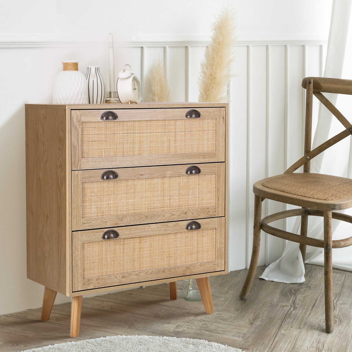 Captiva Designs Boho Rattan Nightstand Dresser Cabinet with Natural Rattan Drawer for Entryway, Living Room, Closet