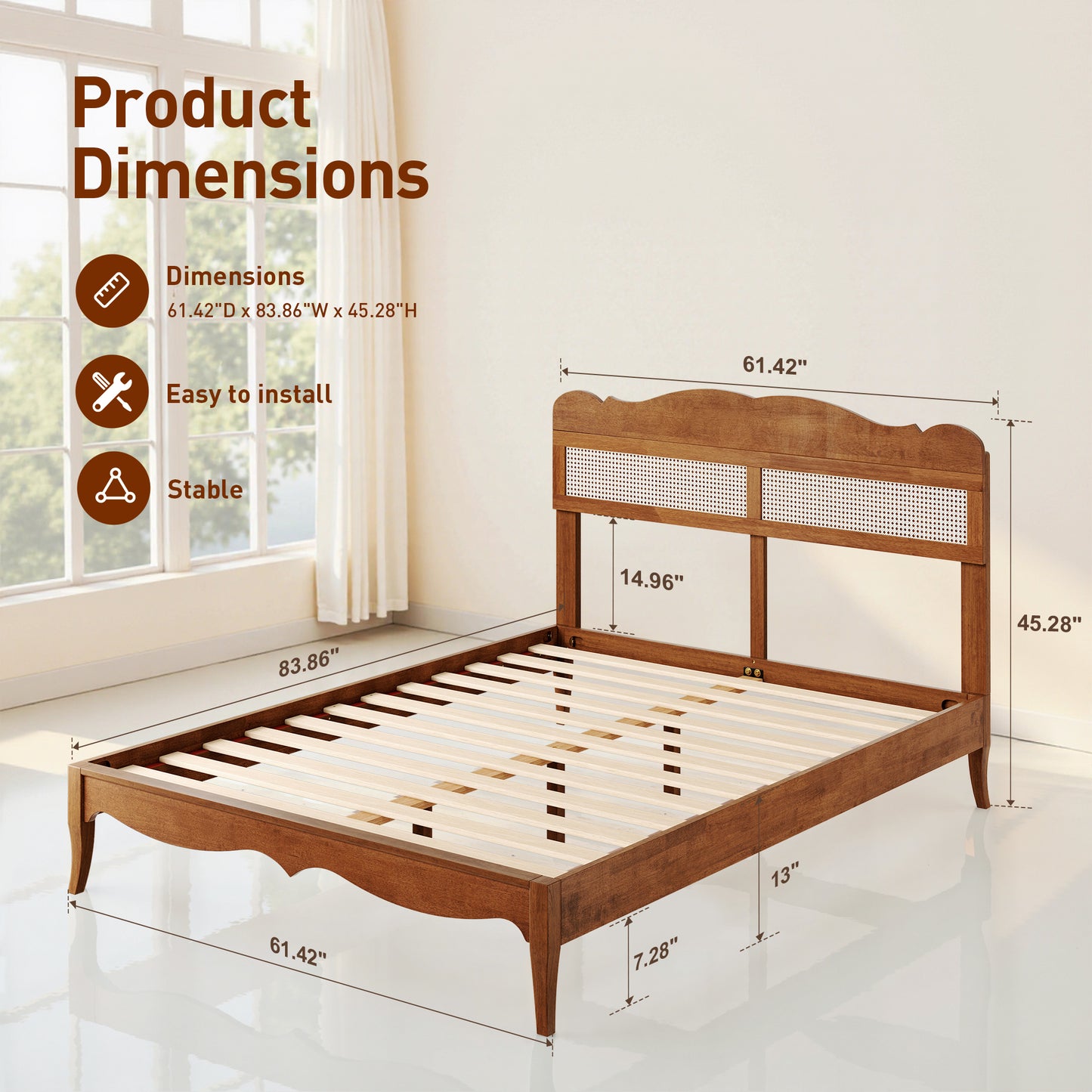 Captiva Designs Premium Wood Bed Frame with Woven Rattan Headboard and Reinforced Slats Support