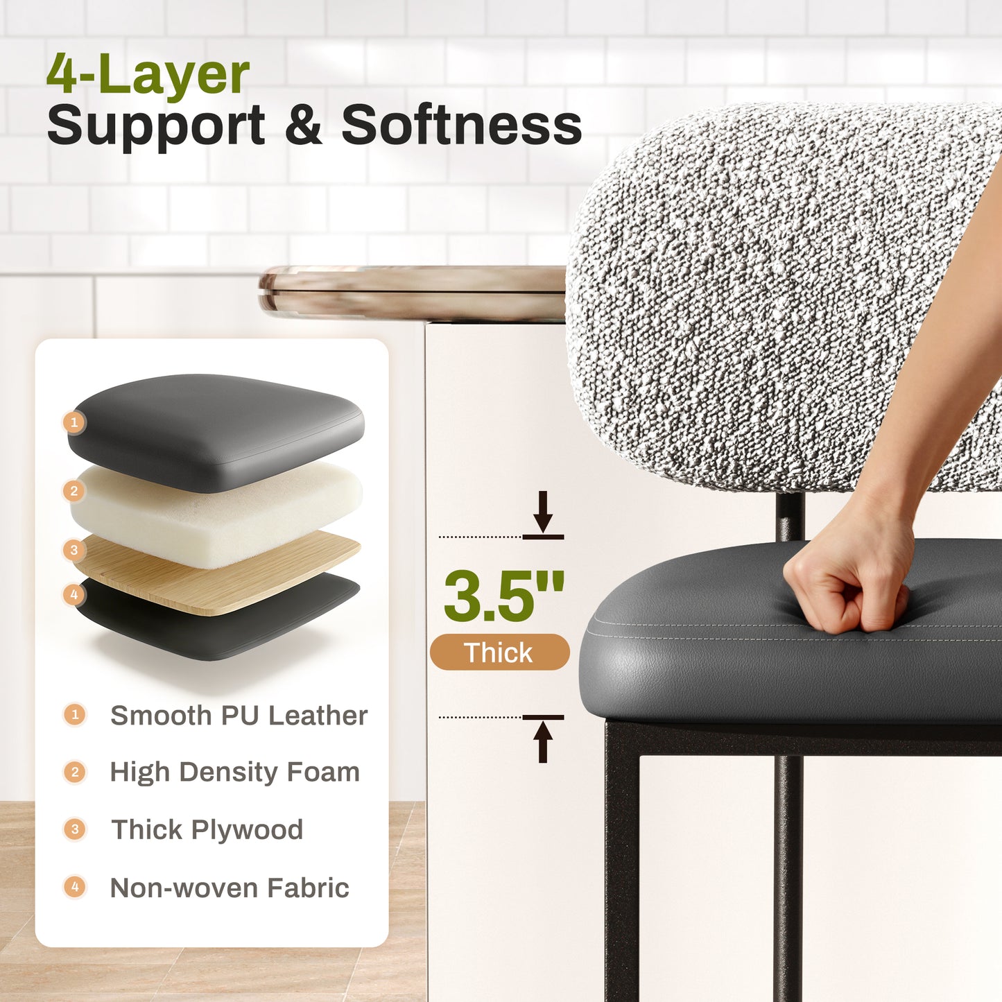 Captiva Designs 24.8 inch Counter Height Bar Stool with Large Chenille Back & PU Leather Seat & Footrest & Adjustable Foot Pad & Sturdy Steel Frame