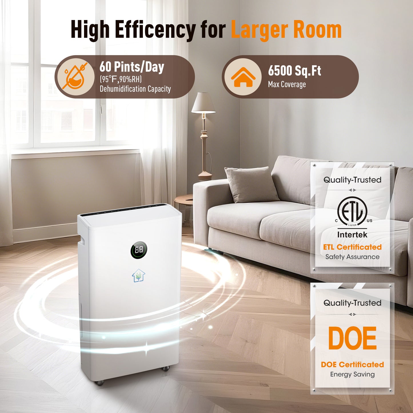 Captiva Designs High Efficiency Quiet Smart Dehumidifier with Auto & Manual Drainage & 3 Working Modes