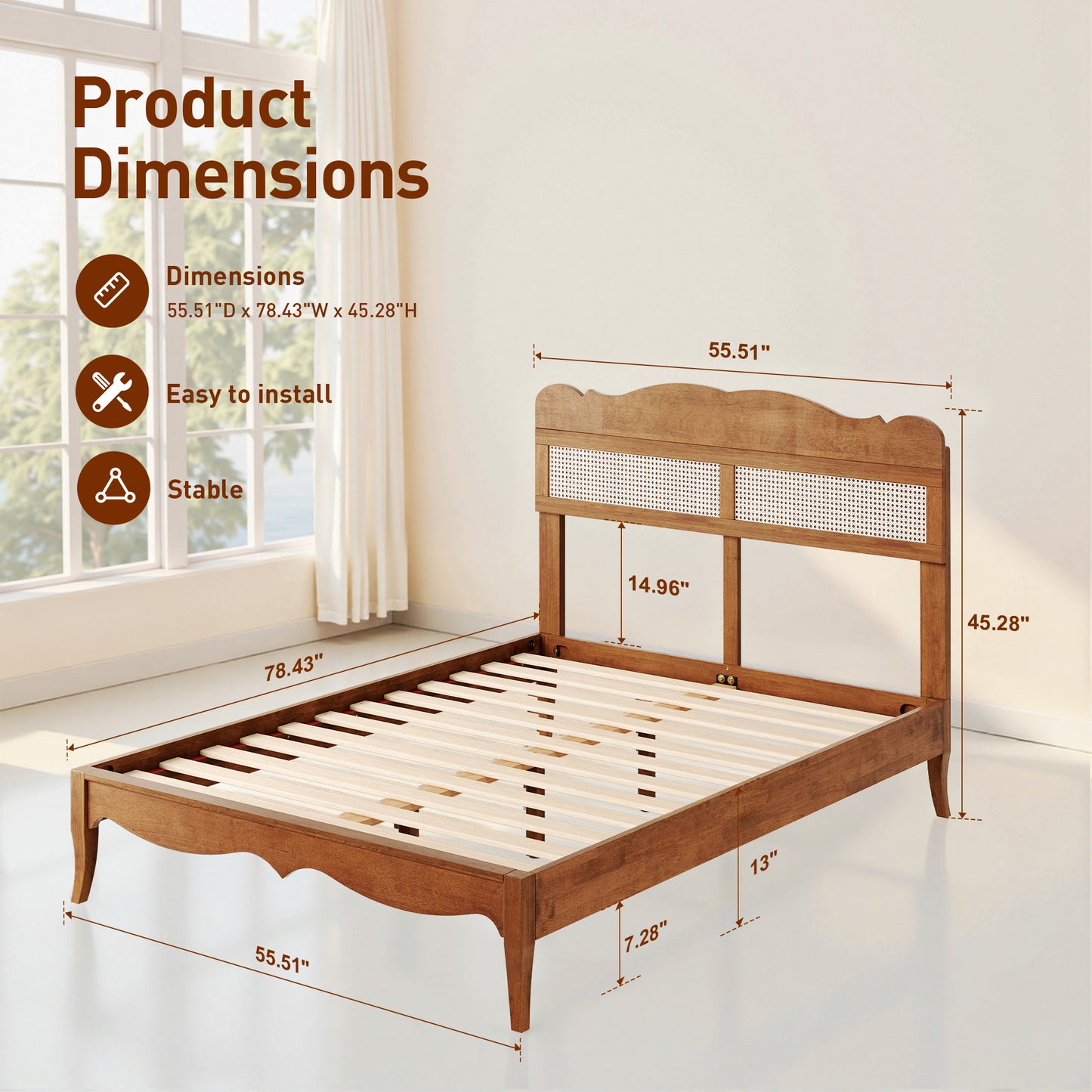 Captiva Designs Premium Wood Bed Frame with Woven Rattan Headboard and Reinforced Slats Support