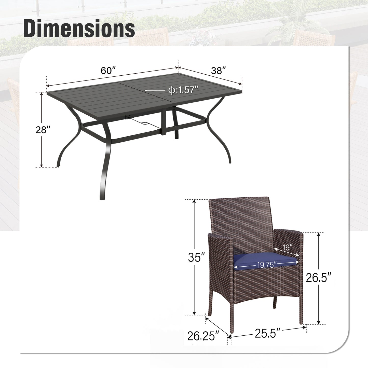 Captiva Designs 7pc Outdoor Patio Black Steel Dining Table with Umbrella Hole & Cushioned Armrest Rattan Chairs