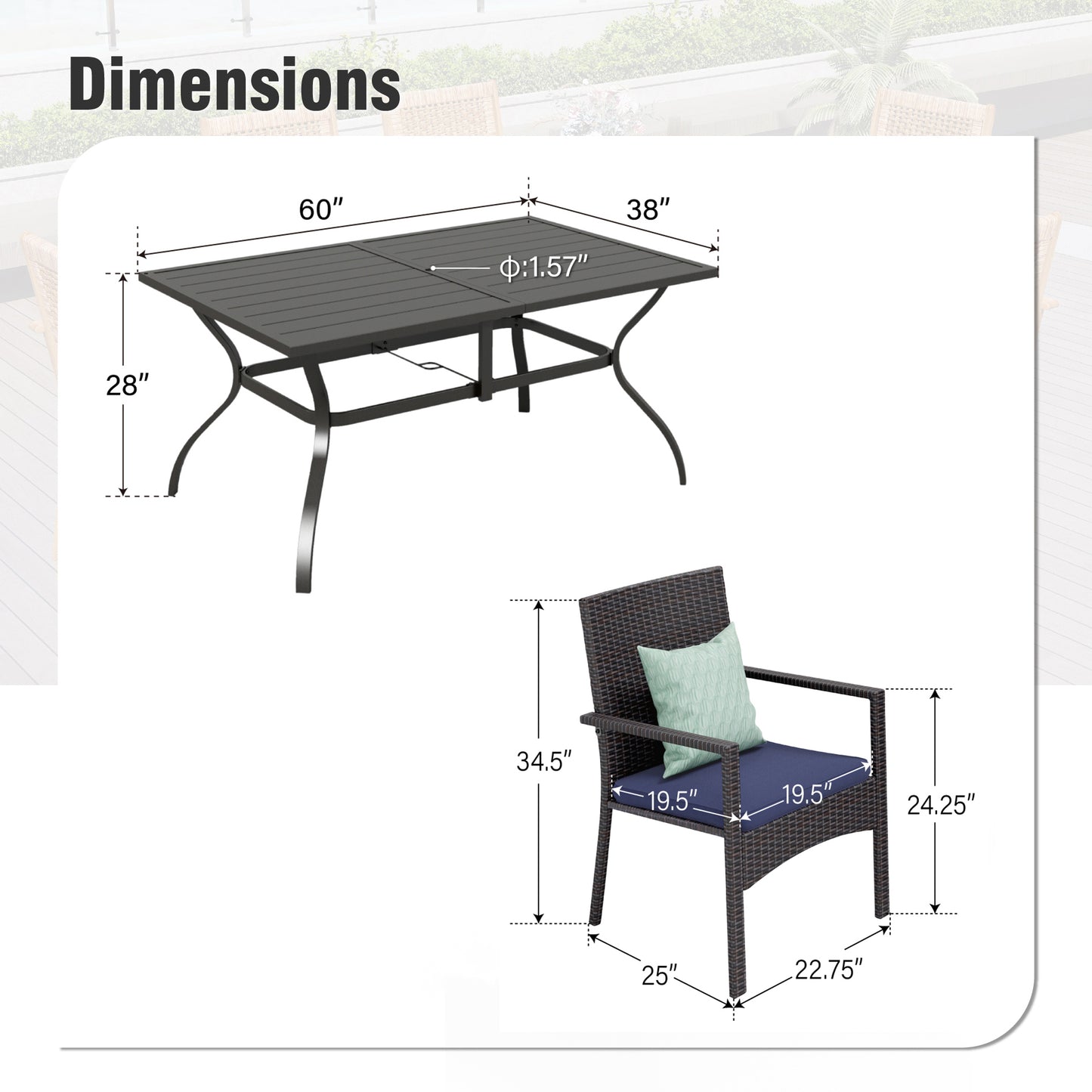 Captiva Designs 7pc Outdoor Patio Black Steel Dining Table with Umbrella Hole & Cushioned Armrest Rattan Chairs