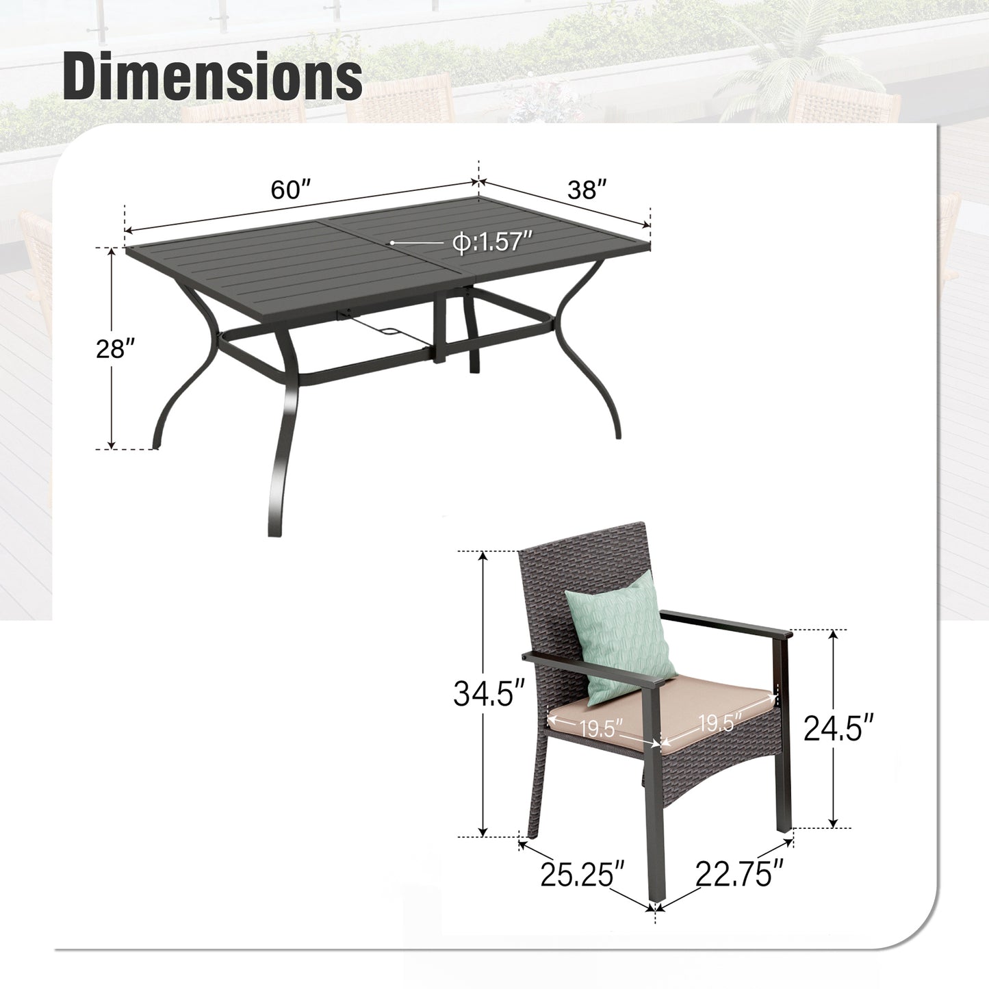Captiva Designs 7pc Outdoor Patio Black Steel Dining Table with Umbrella Hole & Cushioned Armrest Rattan Chairs