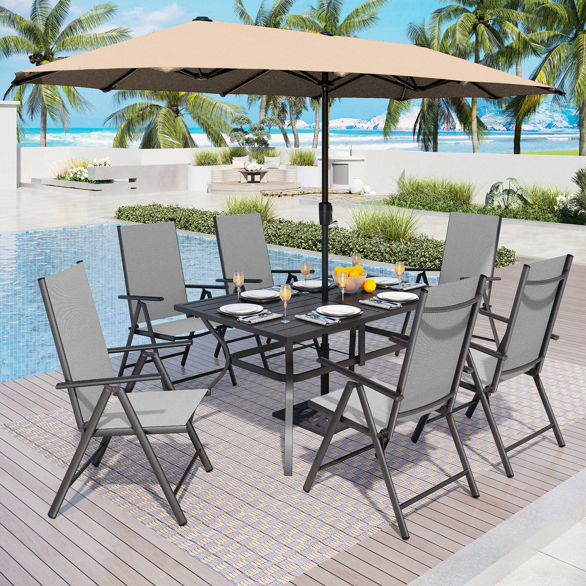 Captiva Designs 9 件套宽敞板顶矩形金属桌，带伞孔和金属可堆叠椅子