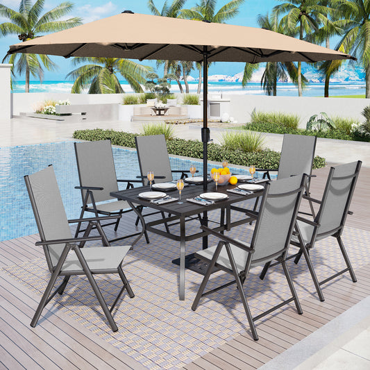 Captiva Designs 8pc Outdoor Slat-top Rectangle Dining Table & Textilene Reclining Foldable Chairs & Market Umbrella