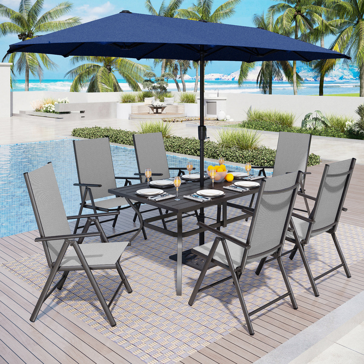 Captiva Designs 9 件套宽敞板顶矩形金属桌，带伞孔和金属可堆叠椅子