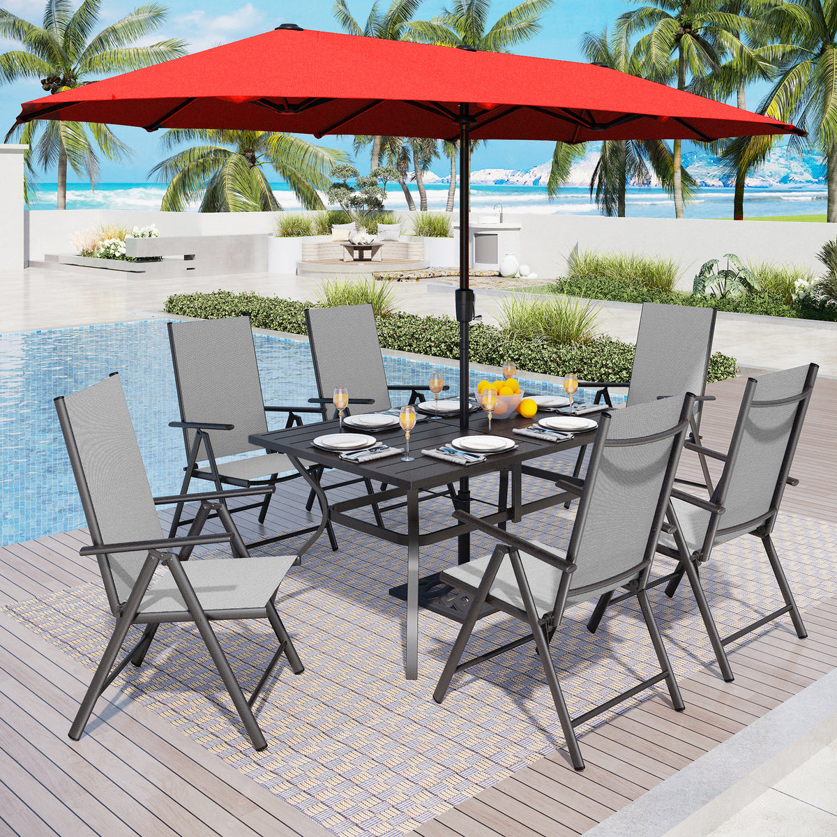 Captiva Designs 9 件套宽敞板顶矩形金属桌，带伞孔和金属可堆叠椅子