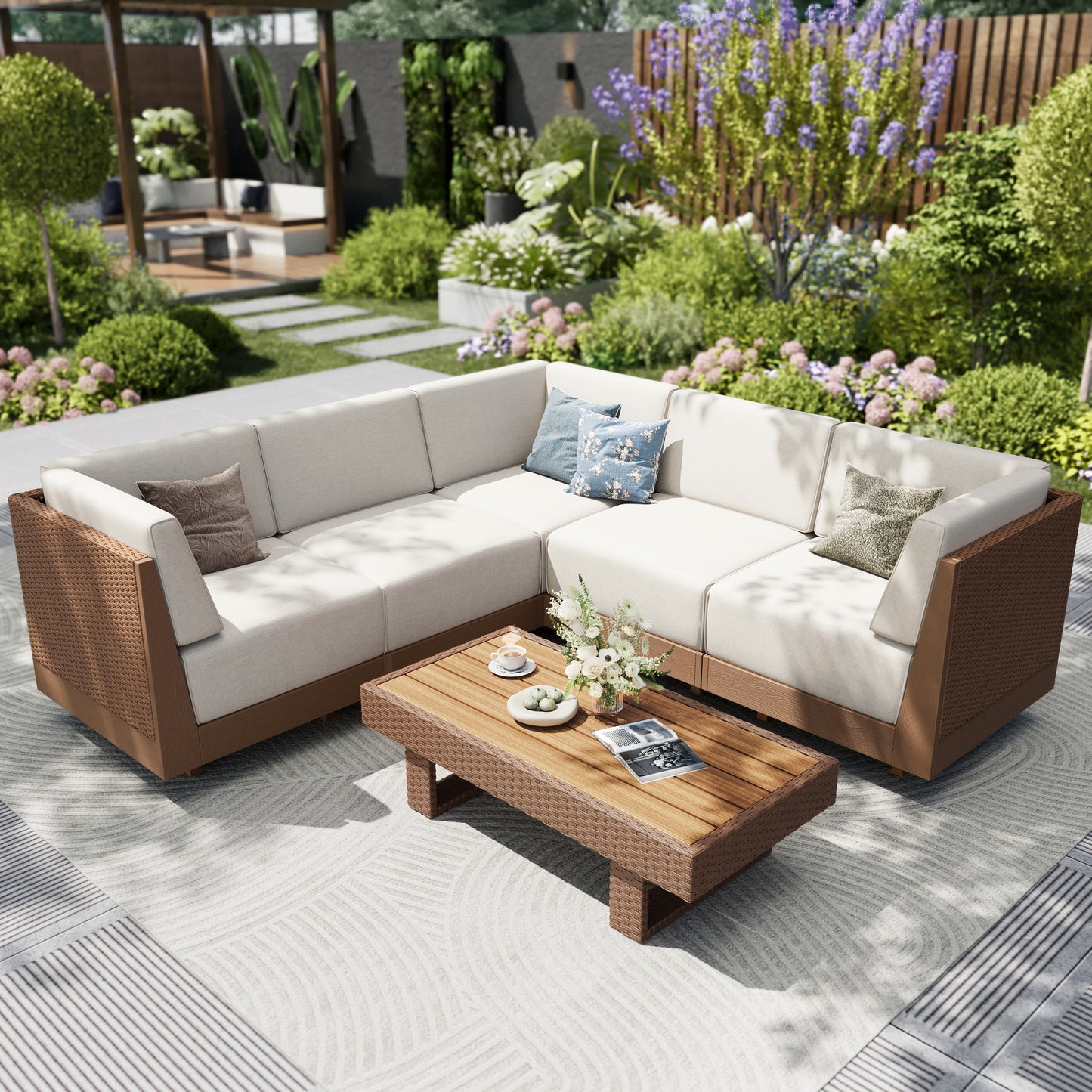 Captiva Designs All Weather Wicker & HDPE Patio Outdoor Sectional  Conversation Set with Ultra-Thick Cushion for Deck Lawn Backyard