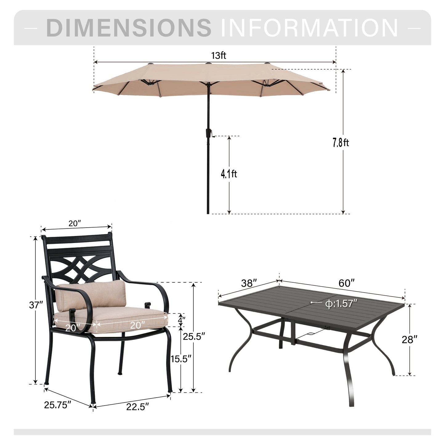 Captiva Designs 8Pc Outdoor Steel Rectangle Dining Table & Cushioned Metal Chairs & Market Umbrella