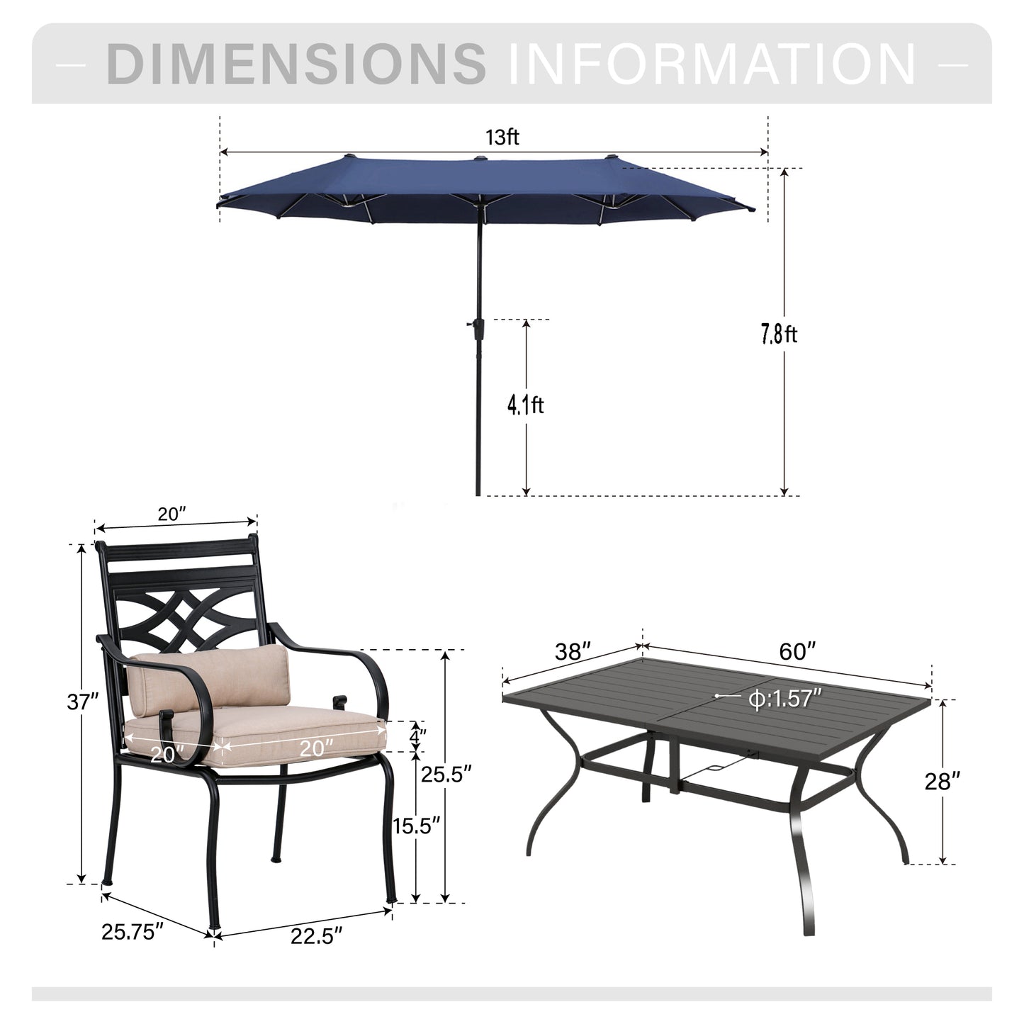 Captiva Designs 8Pc Outdoor Steel Rectangle Dining Table & Cushioned Metal Chairs & Market Umbrella