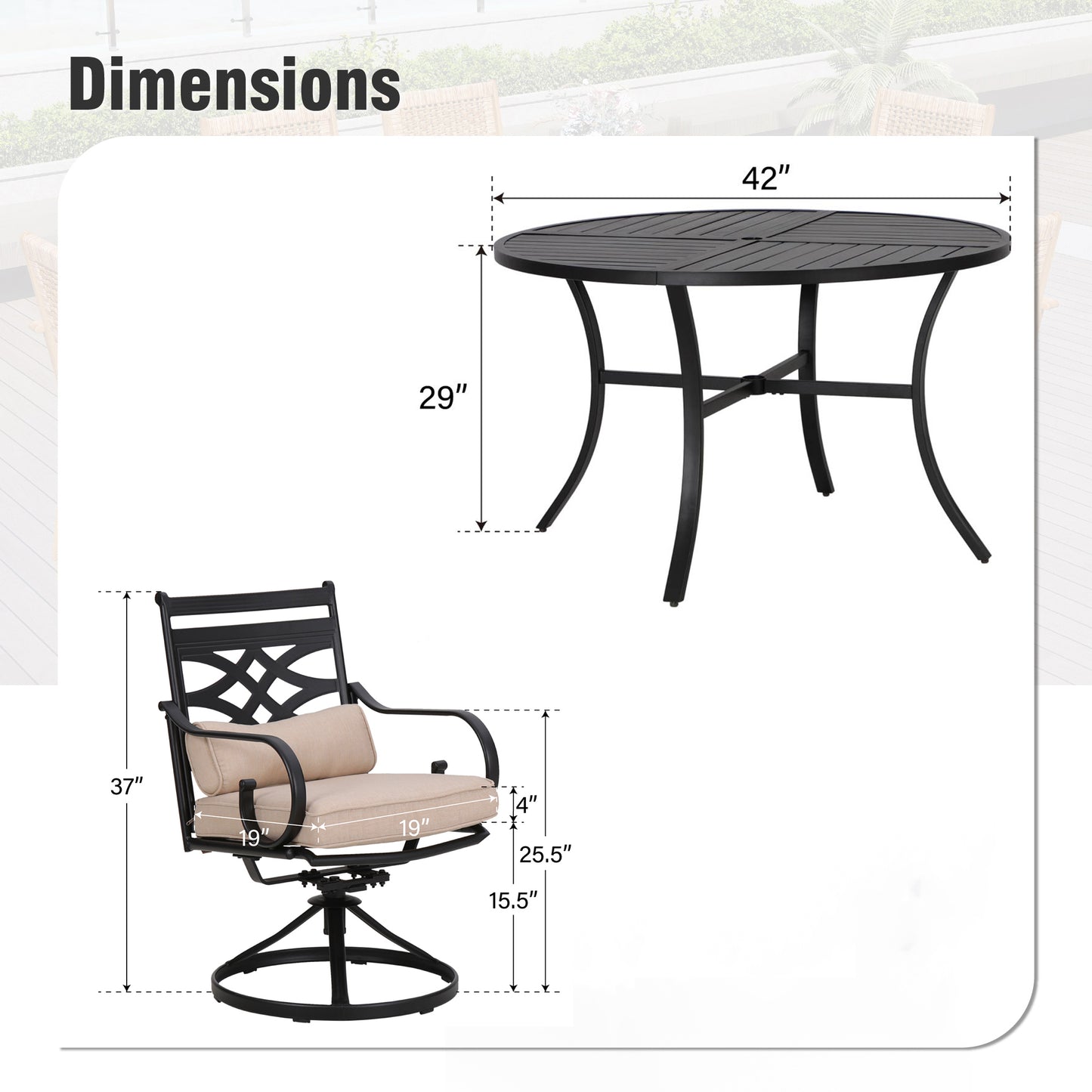 Captiva Designs 5pc Outdoor Dining Table & Metal Chairs with Thick Seat & Back Cushions