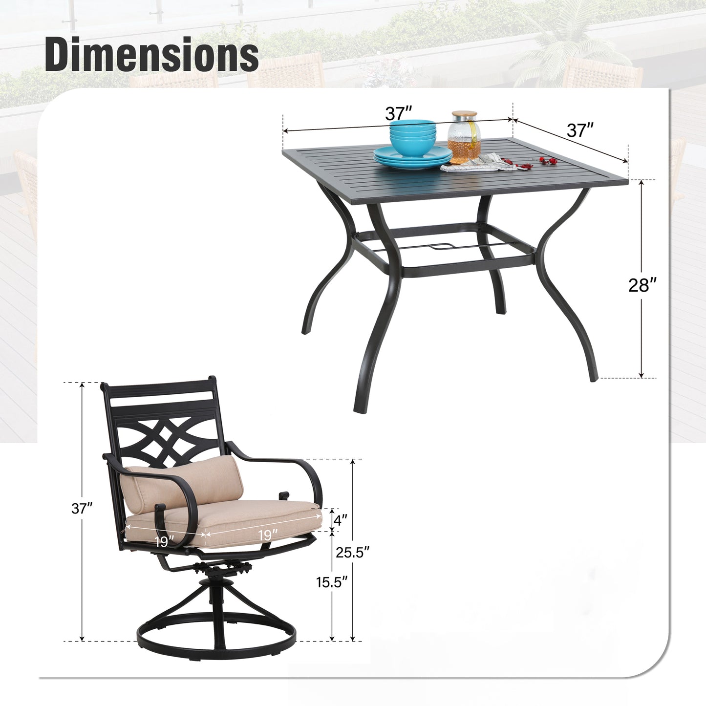 Captiva Designs 5pc Outdoor Dining Table & Metal Chairs with Thick Seat & Back Cushions