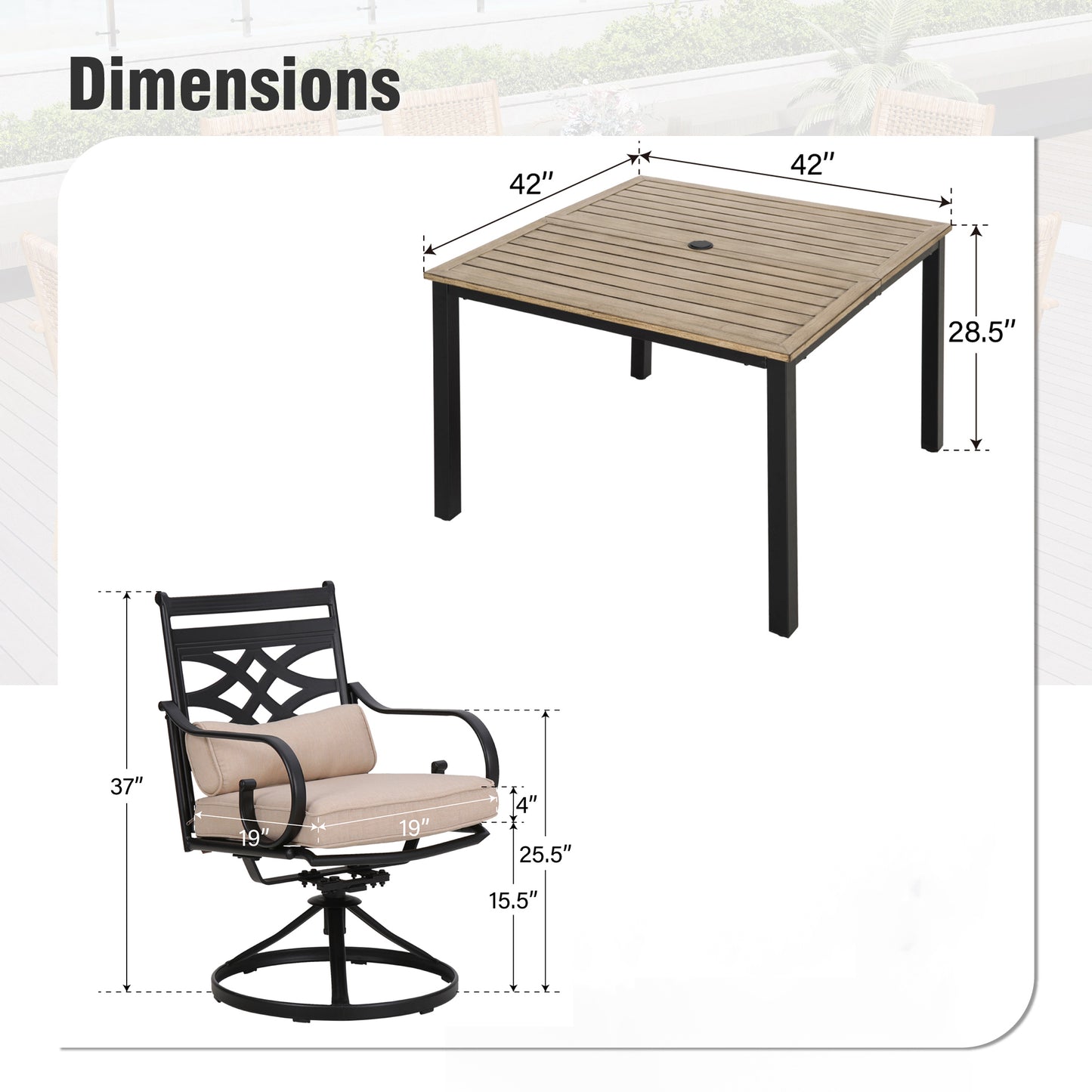 Captiva Designs 5pc Outdoor Dining Table & Metal Chairs with Thick Seat & Back Cushions