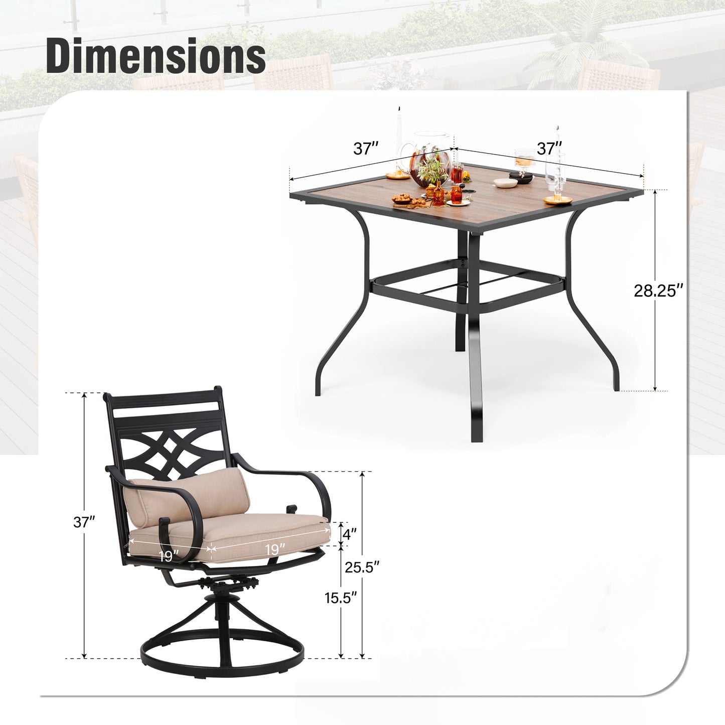 Captiva Designs 5pc Outdoor Dining Table & Metal Chairs with Thick Seat & Back Cushions