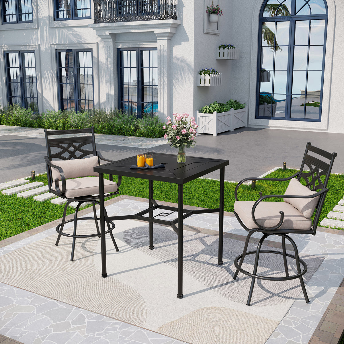 Captiva Designs 3pc Outdoor Patio Metal Bar Height Table & Bar Swivel Chair with Cushion and Armrest