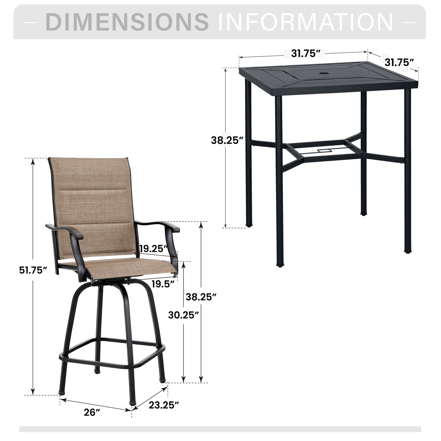 Captiva Designs 3pc Outdoor Patio Geometry Square Steel Bar Table & High Bar Swivel Stools