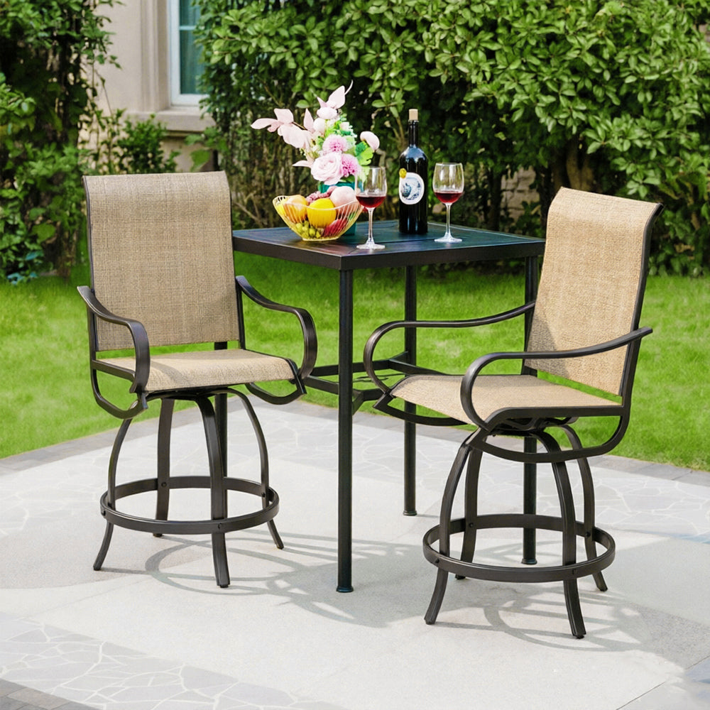 Captiva Designs 3pc Outdoor Patio Geometry Square Steel Bar Table & High Bar Swivel Stools