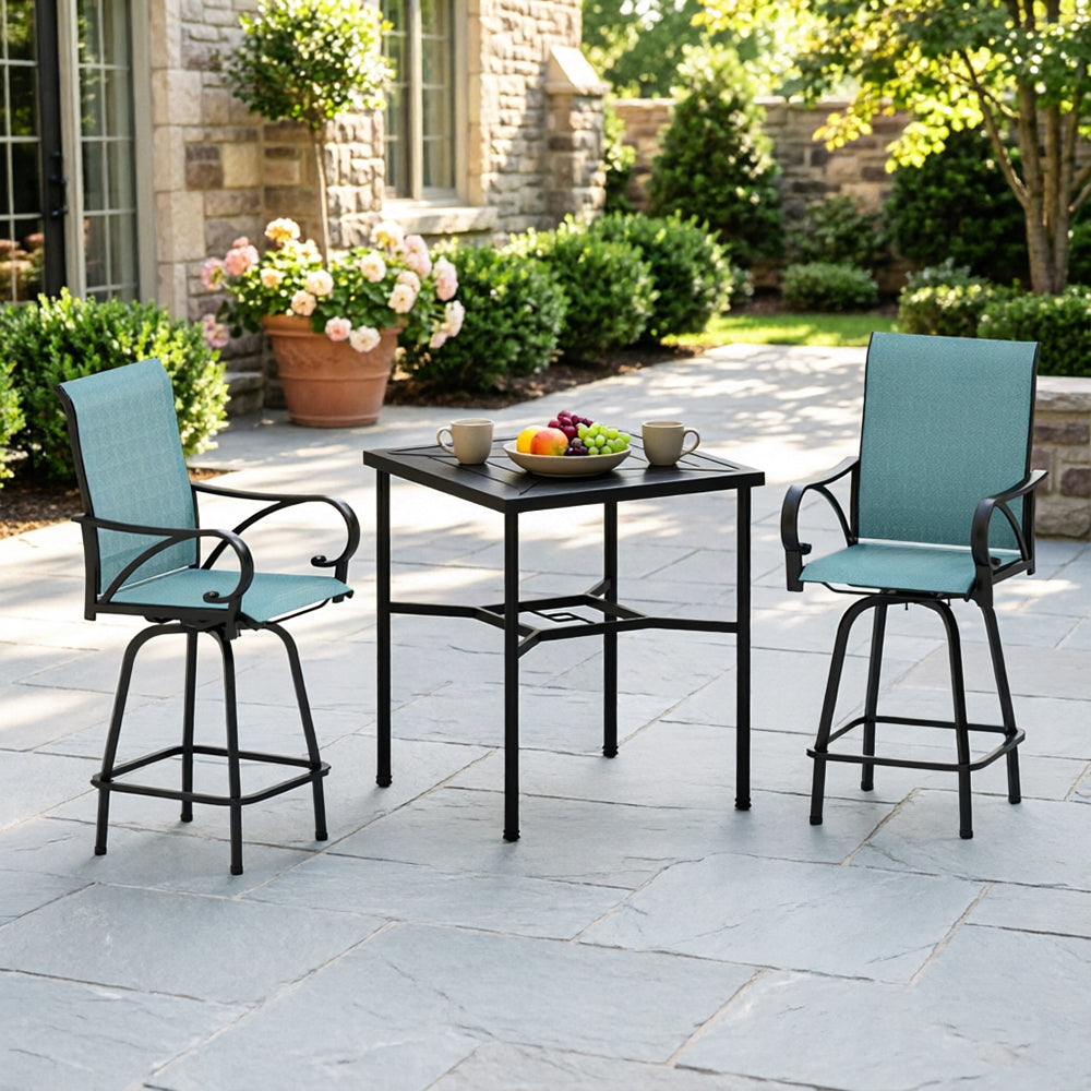 Captiva Designs 3pc Outdoor Patio Geometry Square Steel Bar Table & High Bar Swivel Stools