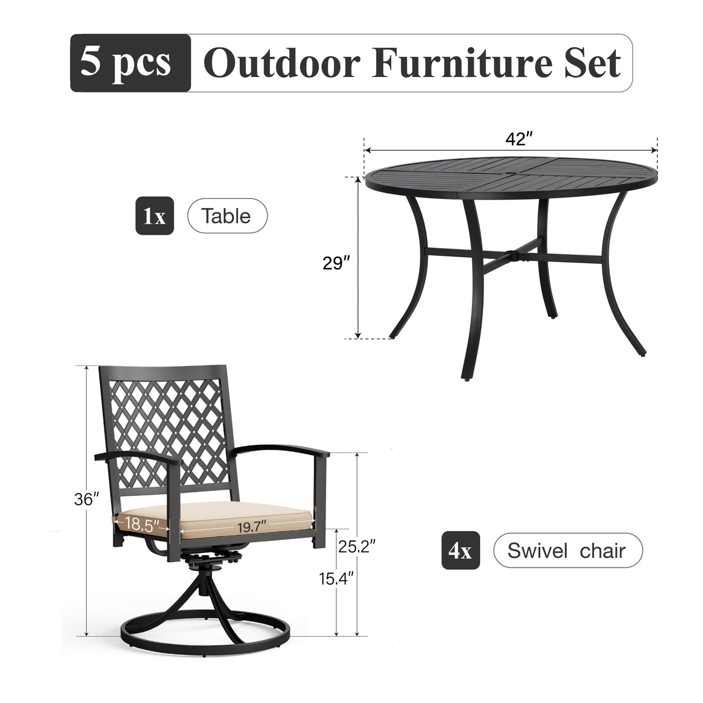 Captiva Designs 5 件套露台餐厅钢制套装，配有带顶板的圆桌和可叠放的椅子，带有网格图案