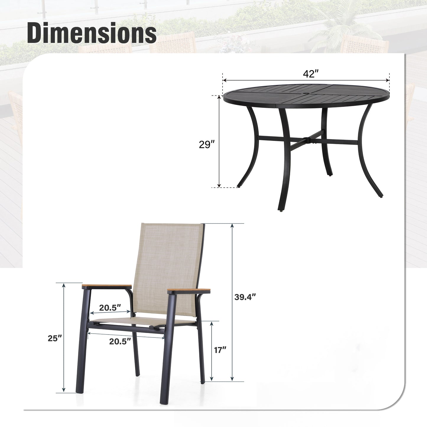 Captiva Designs 5 件套露台餐厅钢制方桌和米色特斯林椅子，配有仿木扶手