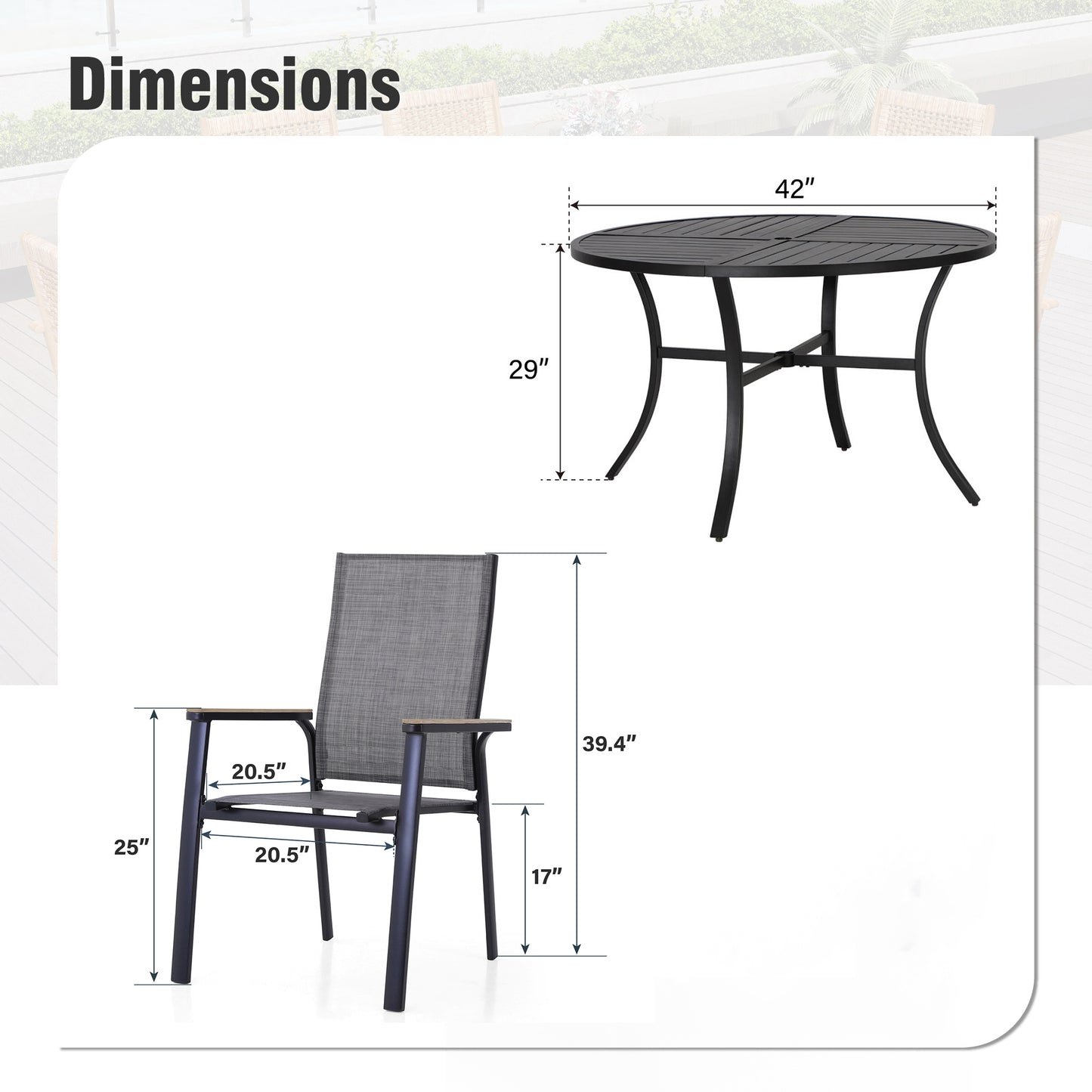 Captiva Designs 5 件套露台餐厅钢制方桌和米色特斯林椅子，配有仿木扶手