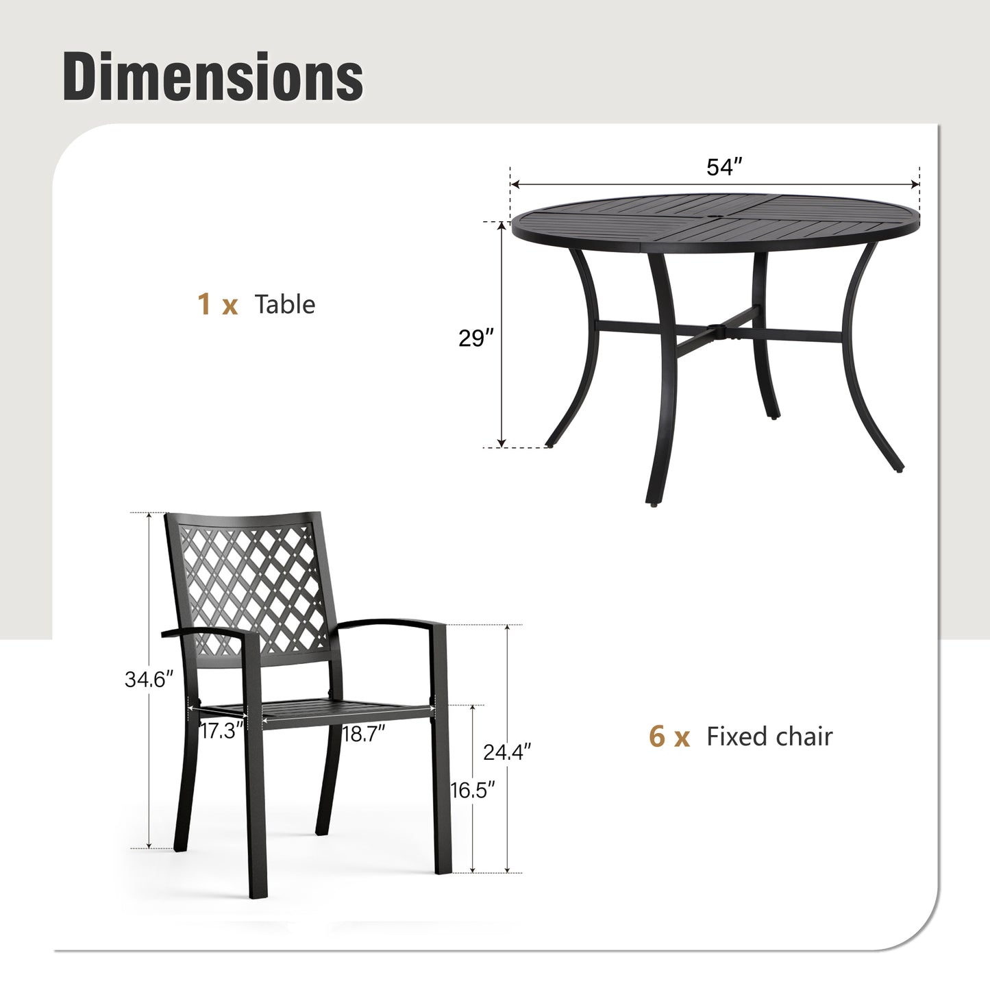 Captiva Designs 7 件套黑色圆形板条钢桌，带伞孔和金属可堆叠椅子