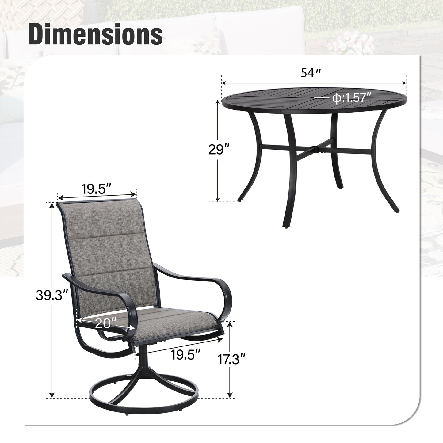 Captiva Designs 7pc Patio Black Slatted Round Steel Table with Umbrella Hole & Grayish Brown Textilene Chairs