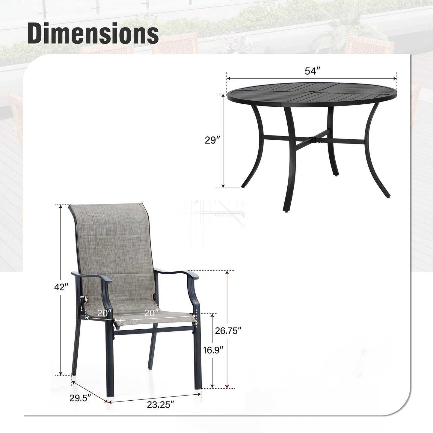 Captiva Designs 7pc Patio Black Slatted Round Steel Table with Umbrella Hole & Grayish Brown Textilene Chairs