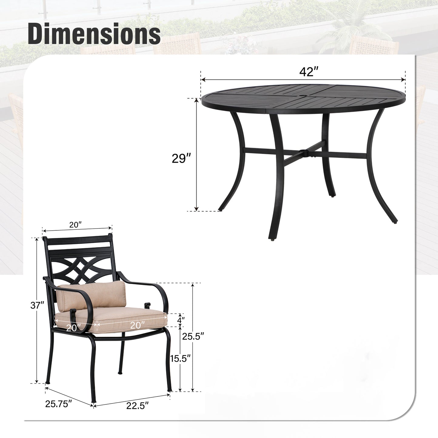 Captiva Designs 5pc Outdoor Dining Table & Metal Chairs with Thick Seat & Back Cushions