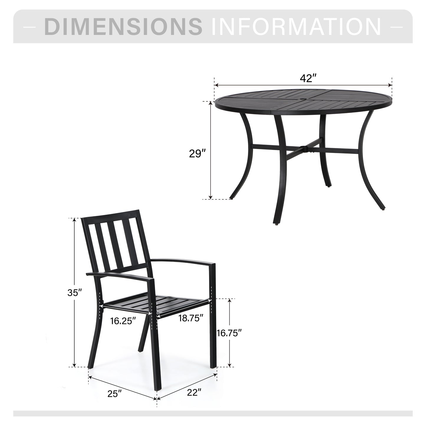 Captiva Designs 5pc Patio Dining Steel Set with Slat-top Round Table & Metal Chairs with Stylish Back