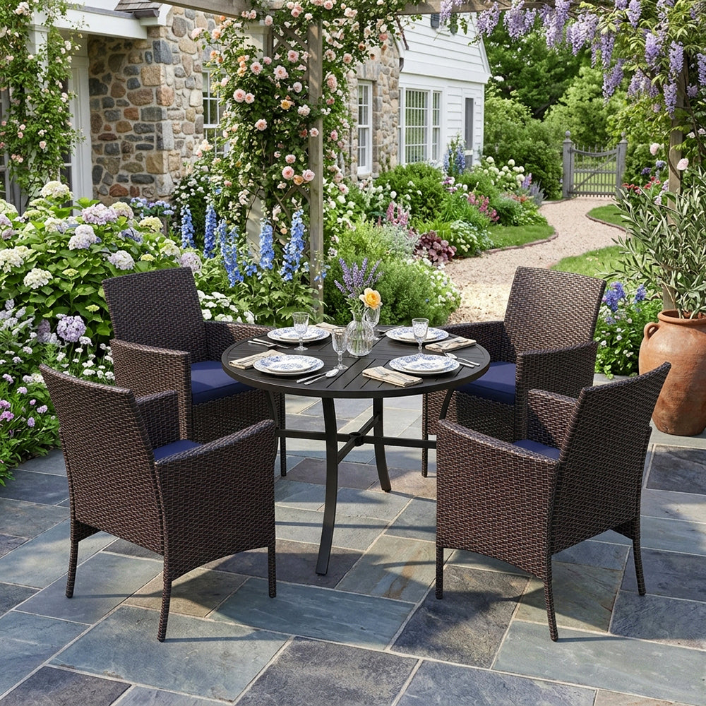 Captiva Designs 5pc Patio Dining Set Steel Frame Table with Umbrella Hole & Rattan Chairs with Removable Cushions