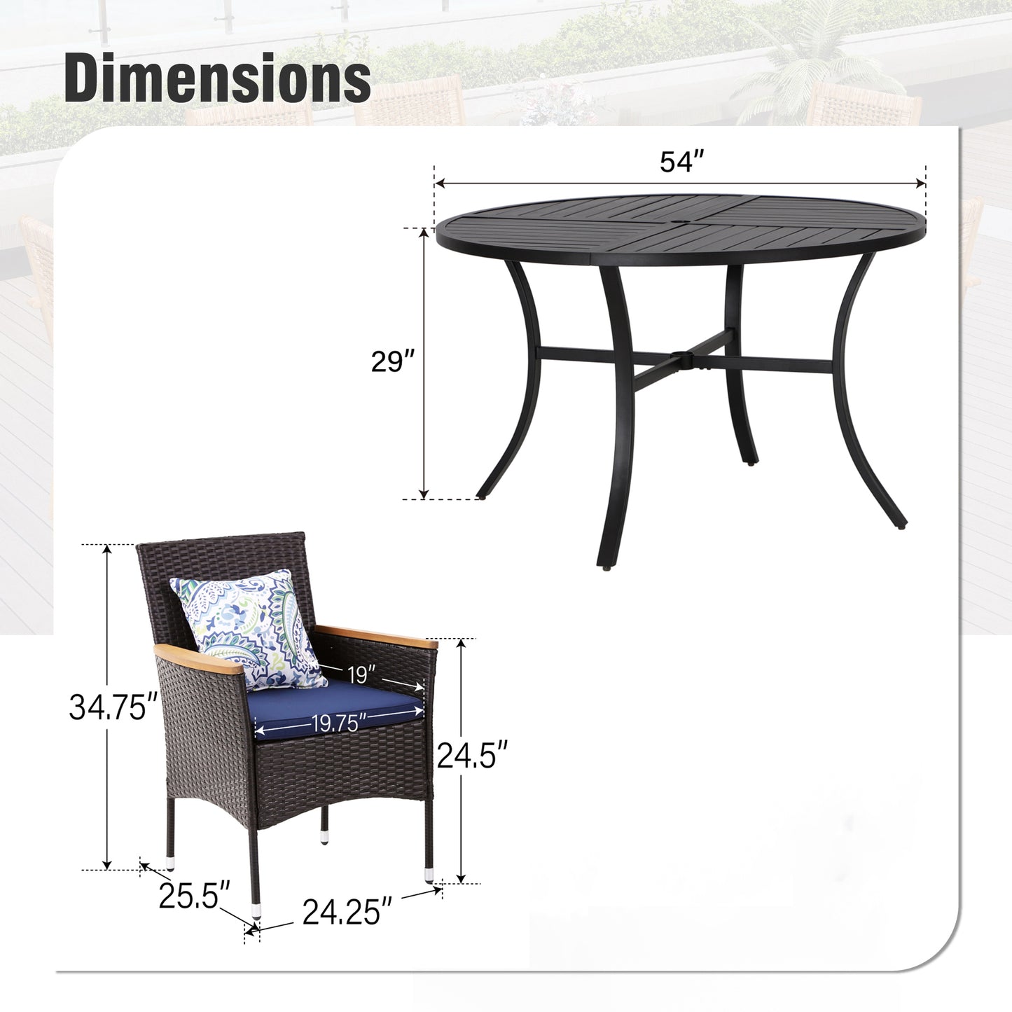 Captiva Designs 7pc Outdoor Patio Slat-top  Dining Steel Table & Rattan Chairs with Removable Cushions