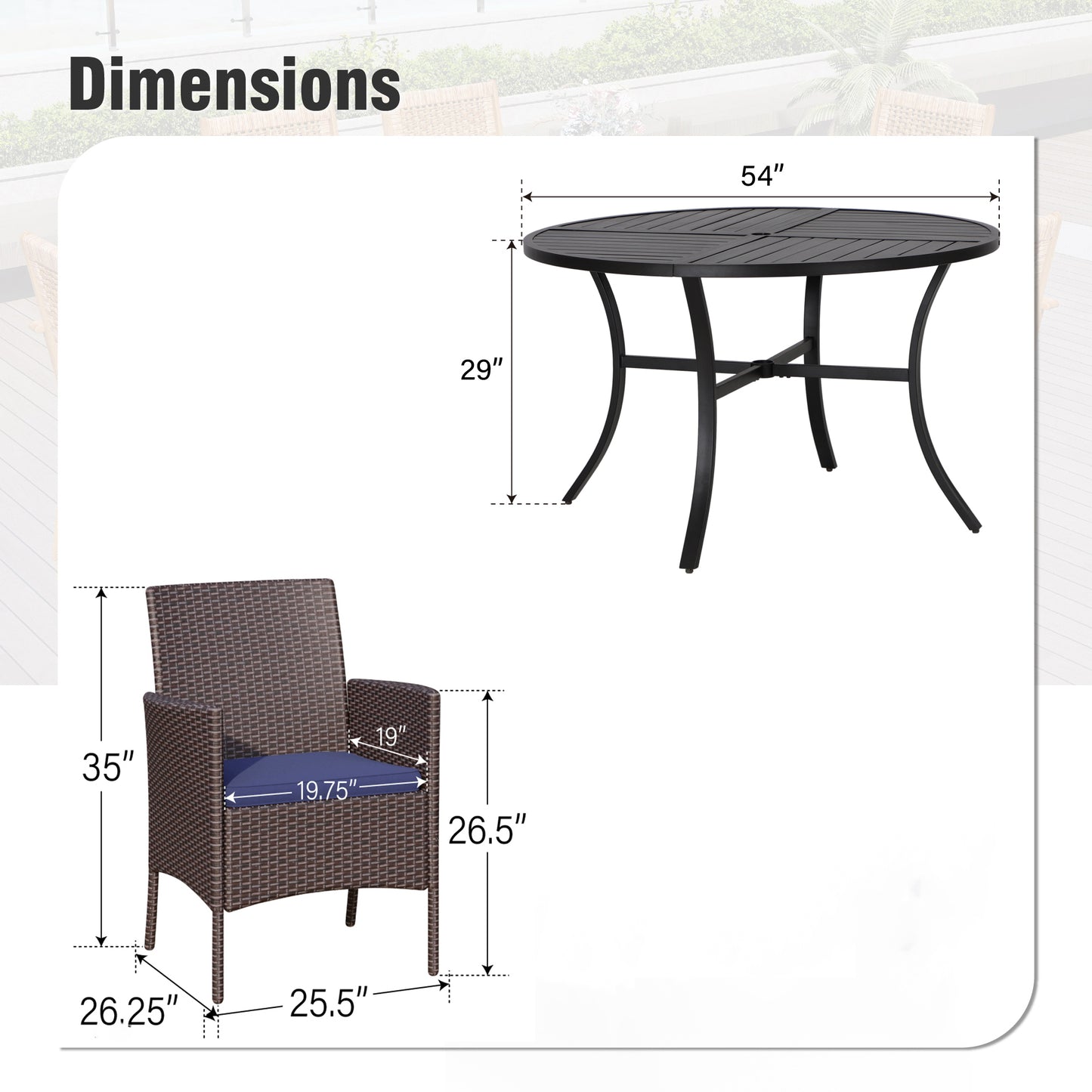 Captiva Designs 7pc Outdoor Patio Black Steel Dining Table with Umbrella Hole & Cushioned Armrest Rattan Chairs