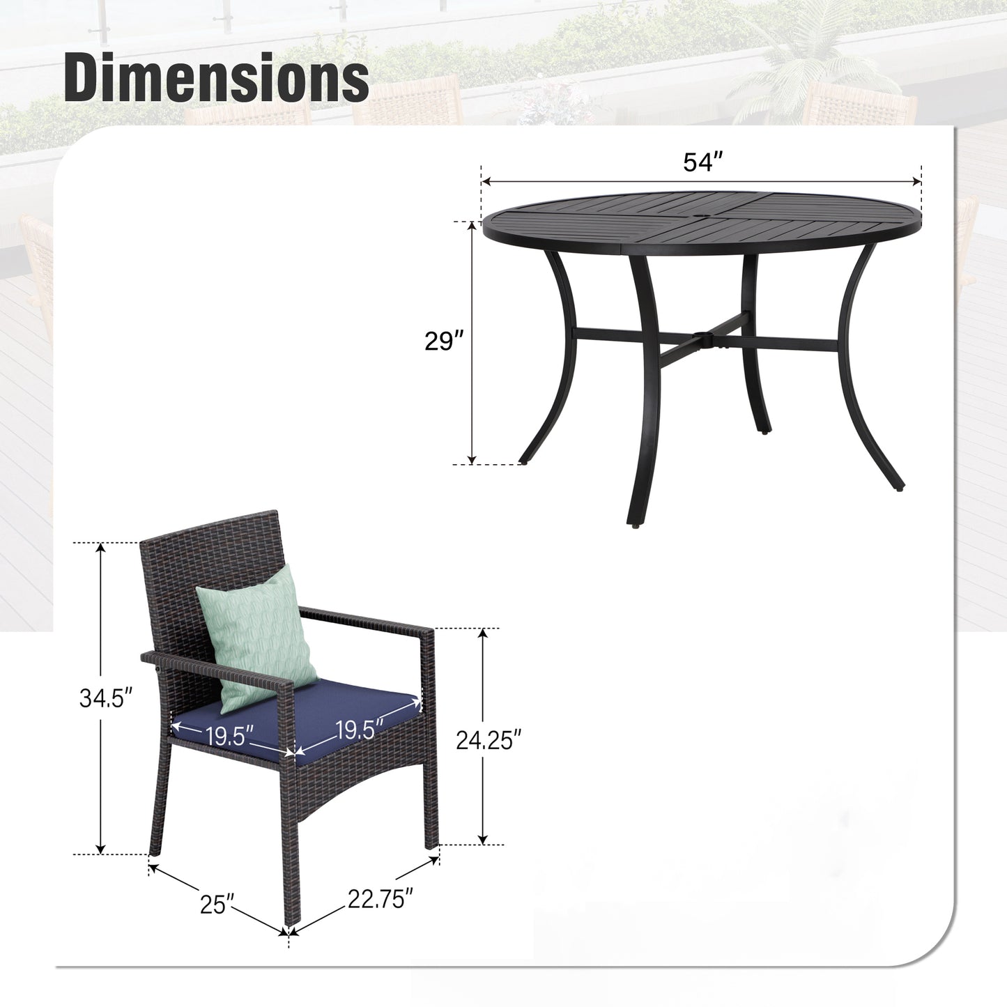 Captiva Designs 7pc Outdoor Patio Black Steel Dining Table with Umbrella Hole & Cushioned Armrest Rattan Chairs