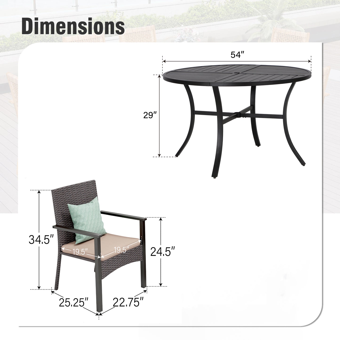 Captiva Designs 7pc Outdoor Patio Black Steel Dining Table with Umbrella Hole & Cushioned Armrest Rattan Chairs