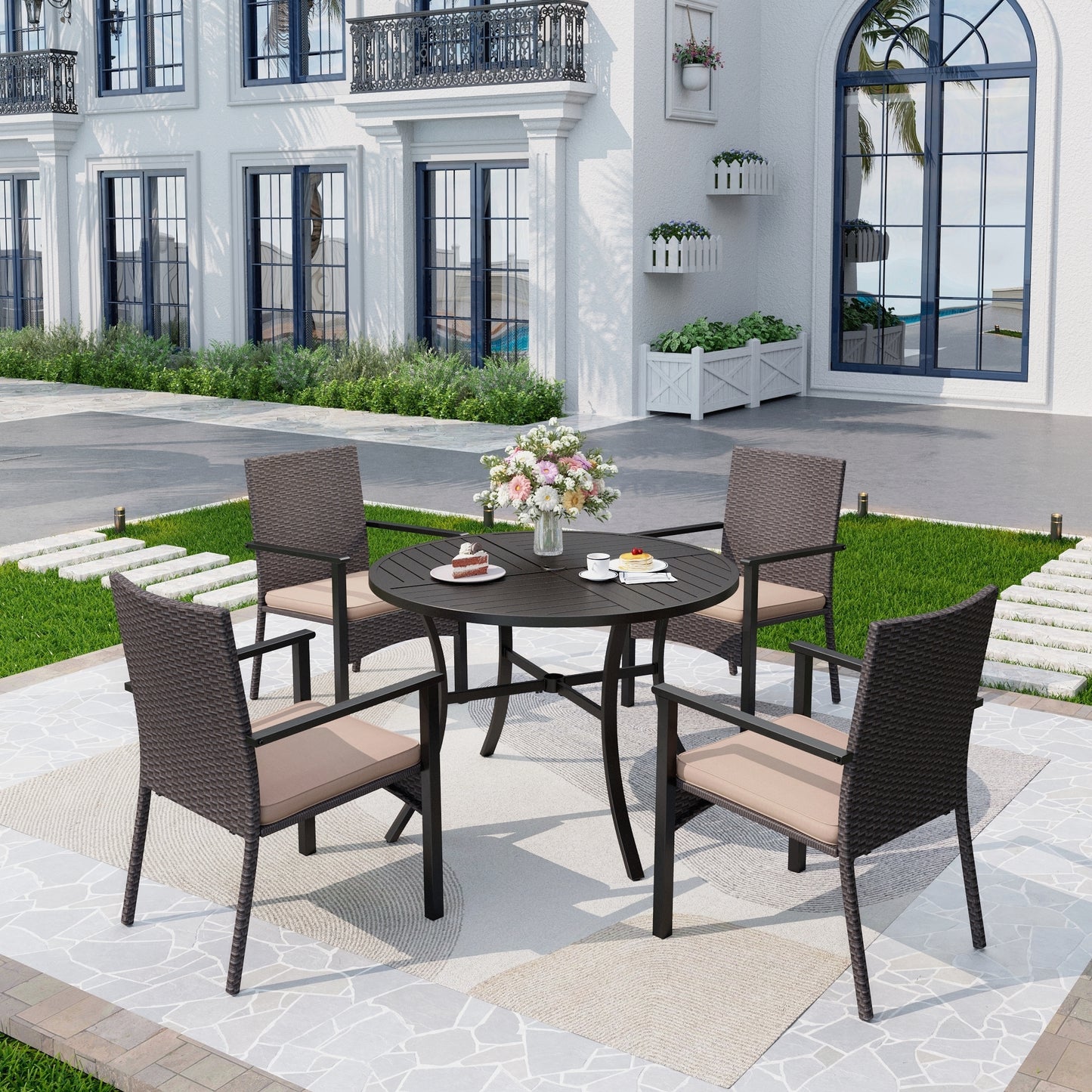 Captiva Designs 5pc Patio Dining Set Steel Frame Table with Umbrella Hole & Rattan Chairs with Removable Cushions