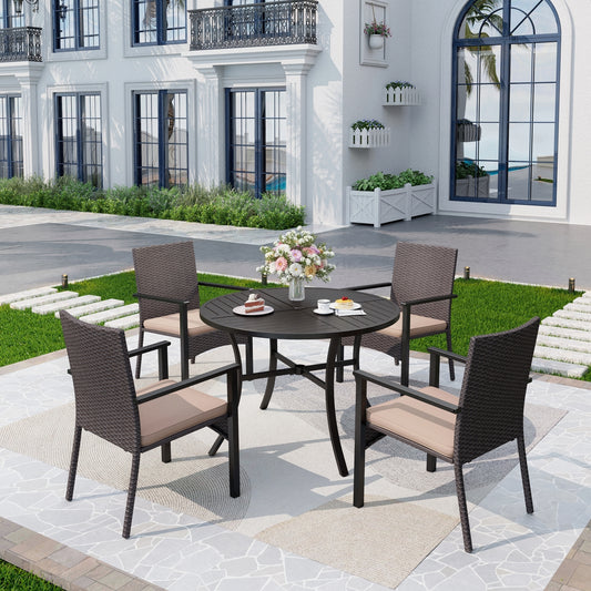 Captiva Designs 5pc Patio Dining Set Steel Frame Table with Umbrella Hole & Rattan Chairs with Removable Cushions
