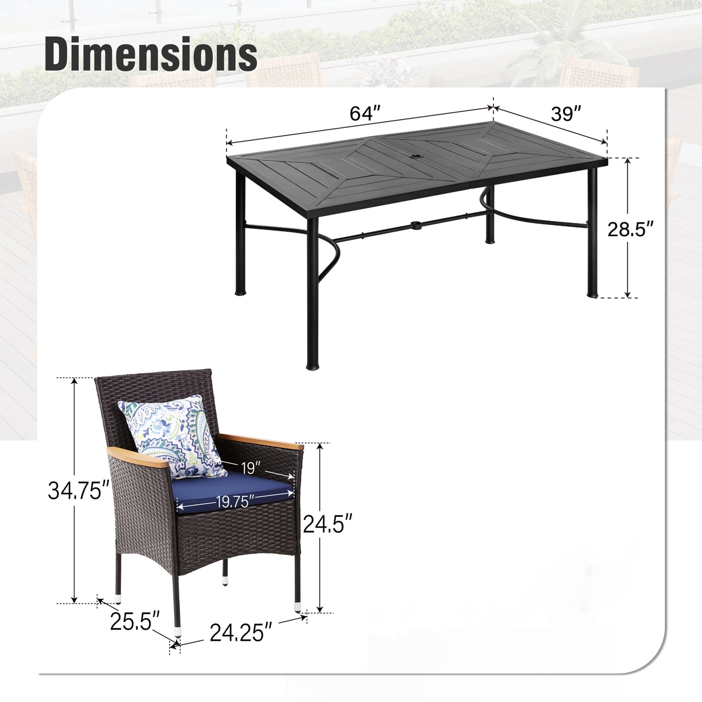 Captiva Designs 7pc Outdoor Patio Slat-top  Dining Steel Table & Rattan Chairs with Removable Cushions