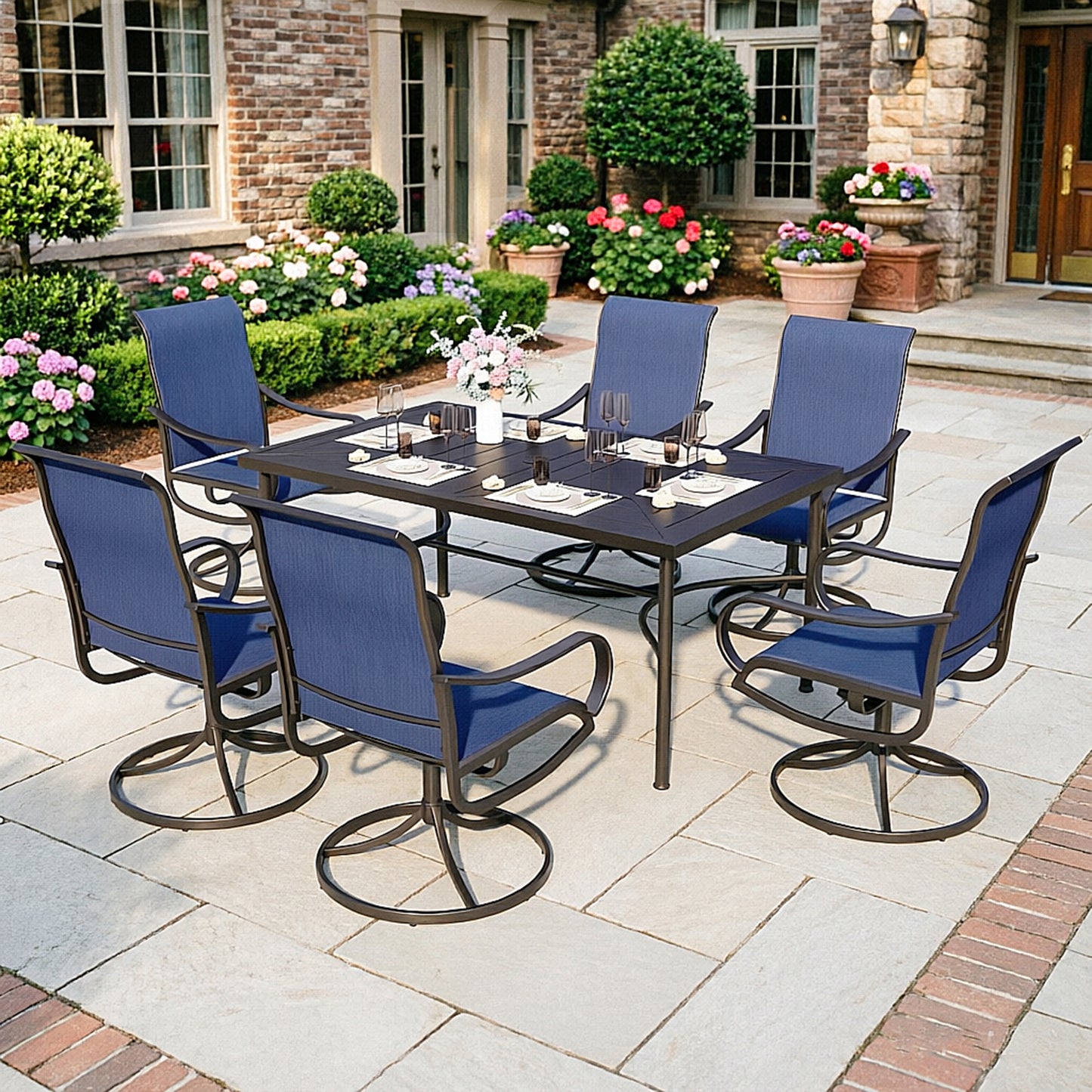 Captiva Designs 7pc Patio Dining Steel Rectangle Table & Textilene 360 Degree Swivel Chairs
