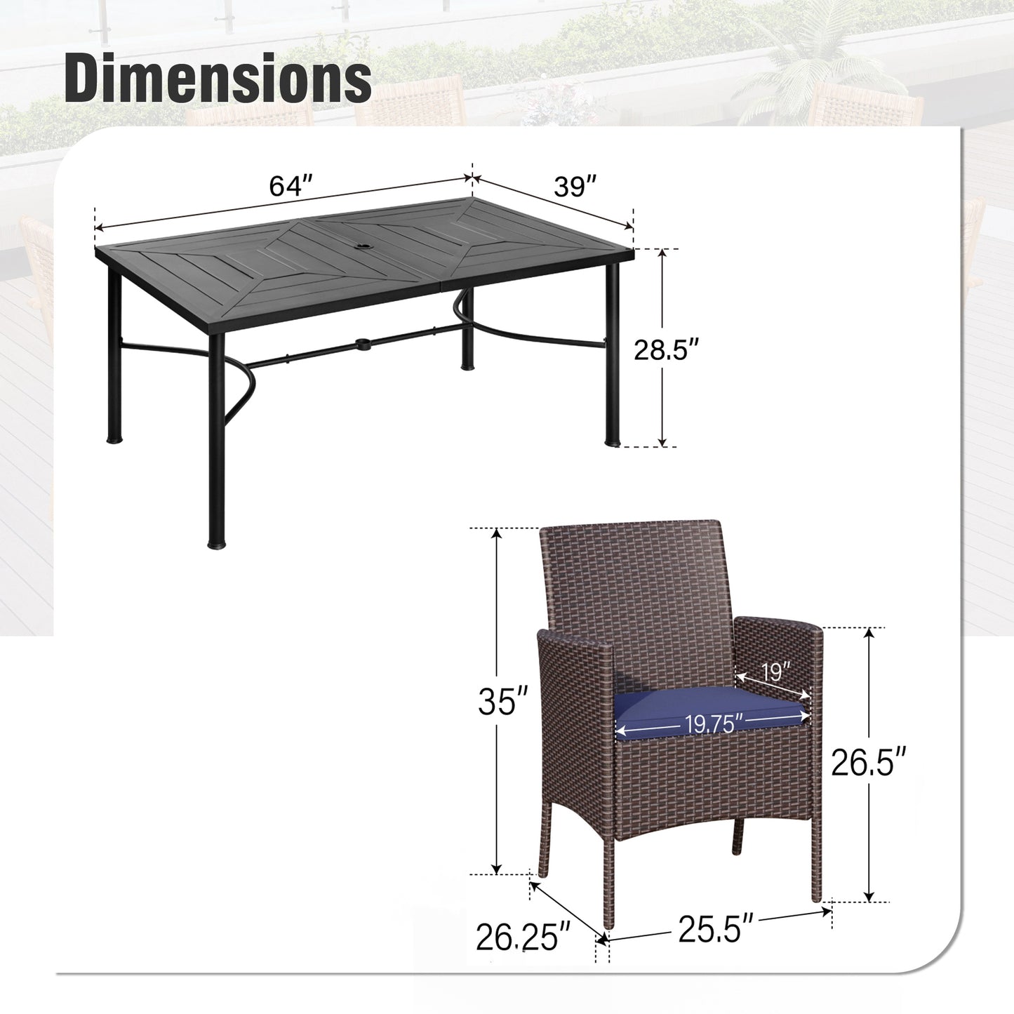 Captiva Designs 7pc Outdoor Patio Black Steel Dining Table with Umbrella Hole & Cushioned Armrest Rattan Chairs