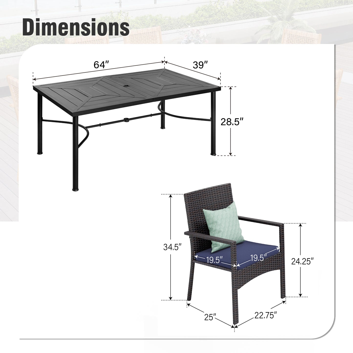 Captiva Designs 7pc Outdoor Patio Black Steel Dining Table with Umbrella Hole & Cushioned Armrest Rattan Chairs