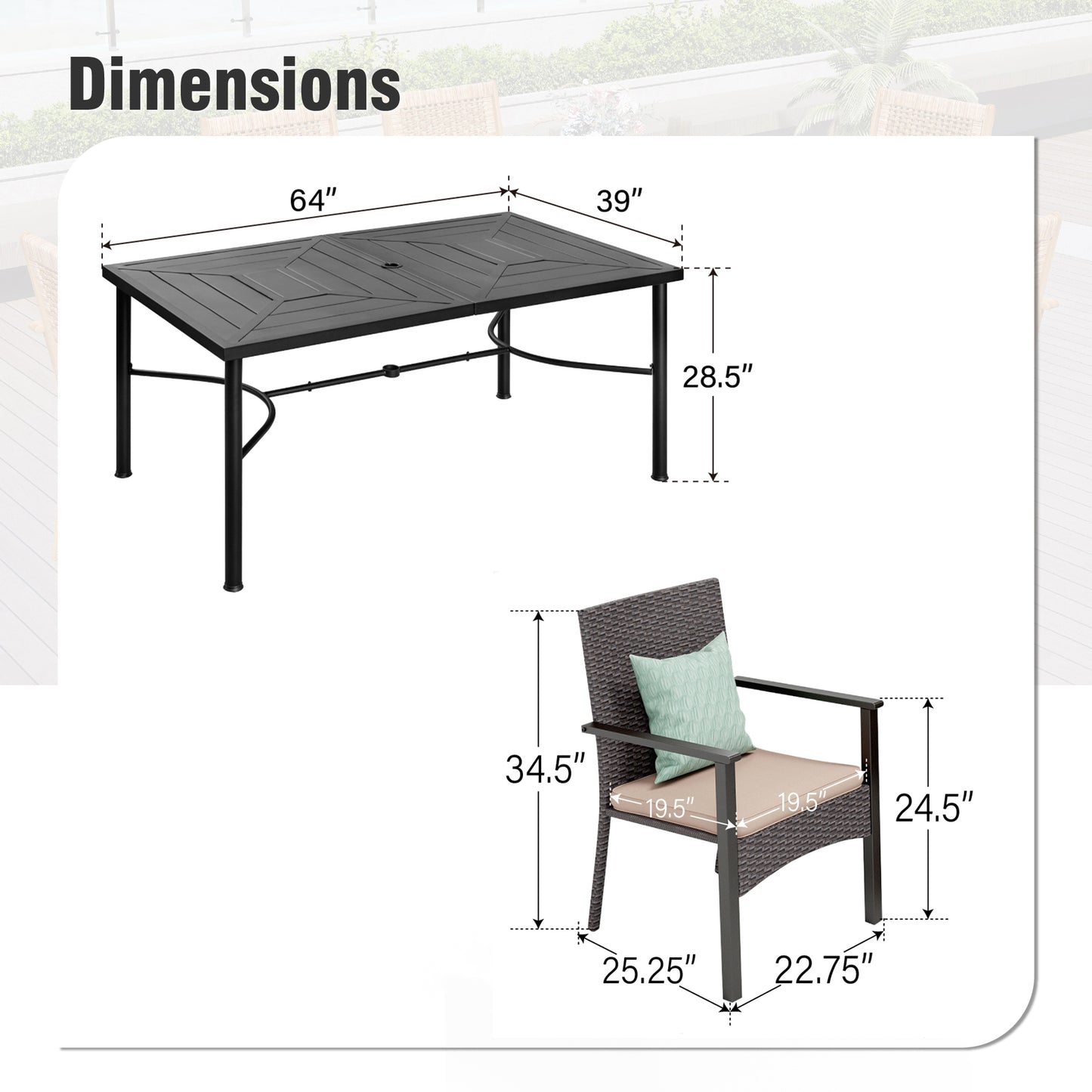 Captiva Designs 7pc Outdoor Patio Black Steel Dining Table with Umbrella Hole & Cushioned Armrest Rattan Chairs