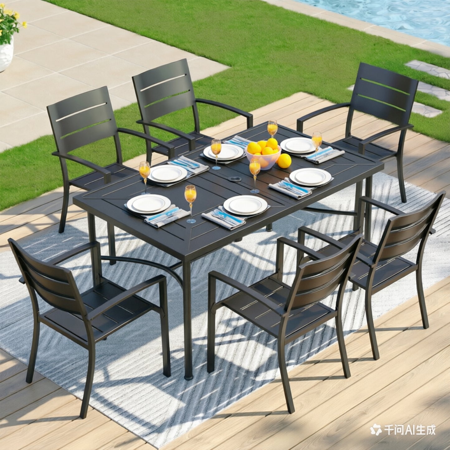 Captiva Designs 7pc Outdoor Patio Dining Set with Steel Table & Metal Chairs with Stripe Back