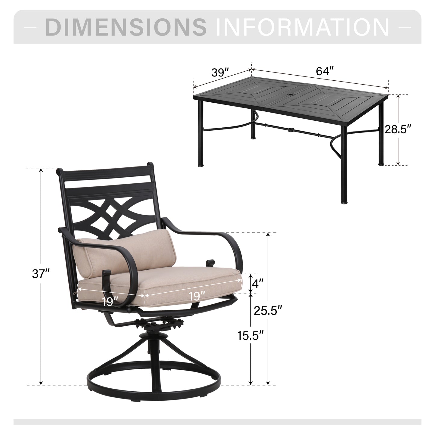 Captiva Designs 7pc Patio Dining Black Rectangular Table with Umbrella Hole & Metal Chairs with Seat Cushions and Waist Pillows