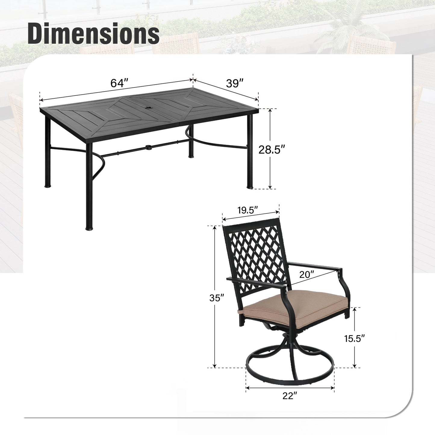 Captiva Designs 7pc Patio Dining Geometric Pattern Rectangular Steel Table & Mesh Back Metal Arm Chairs